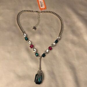 Betsey Johnson Silver Tone Skeleton Hand Y Drop Pendant Necklace Crystal NWT